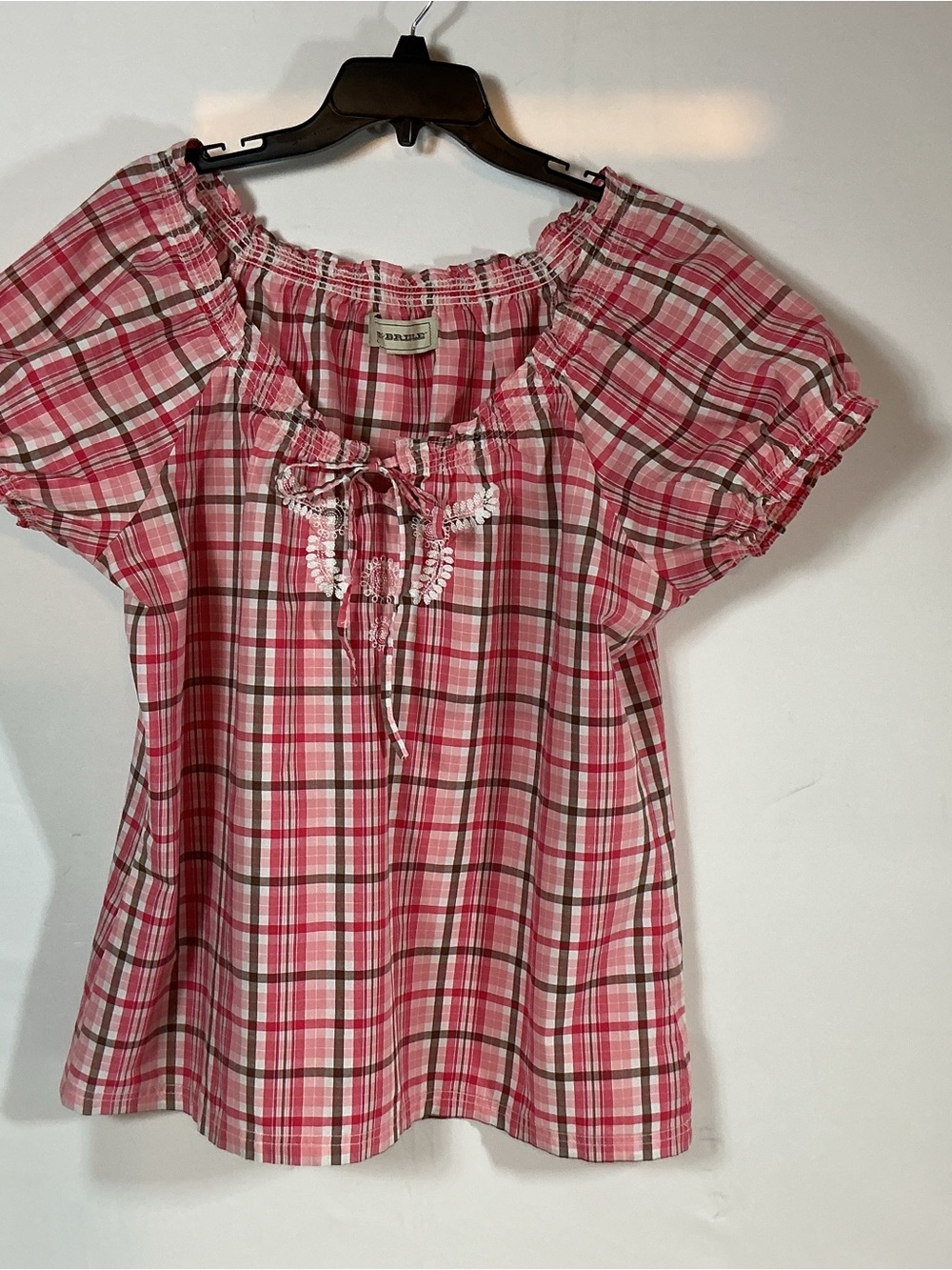 Bit & Bridle Pink Plaid Peasant Top with Tie Neck